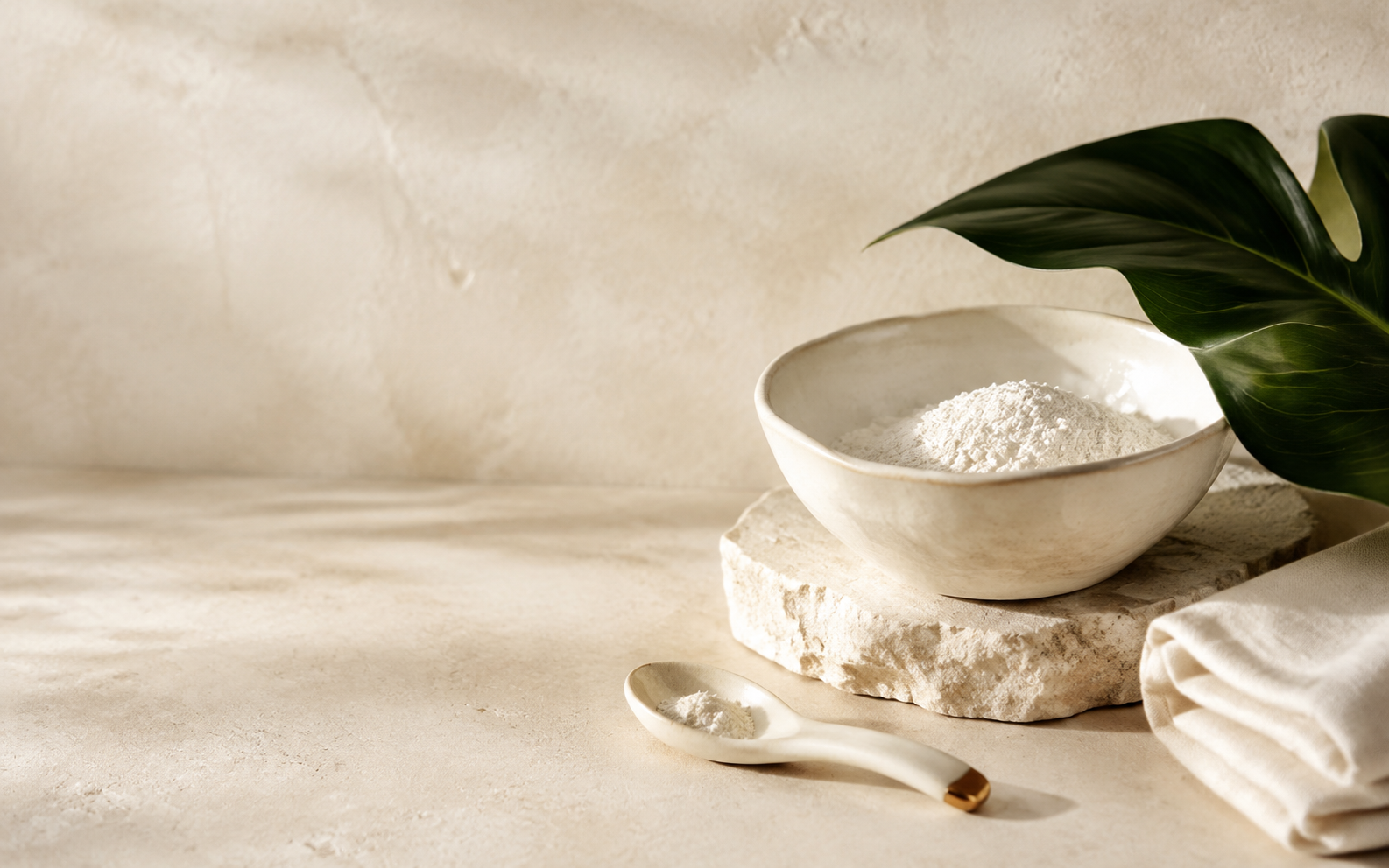White kaolin powder in a ceramic ritual bowl with ivory linen and a green leaf